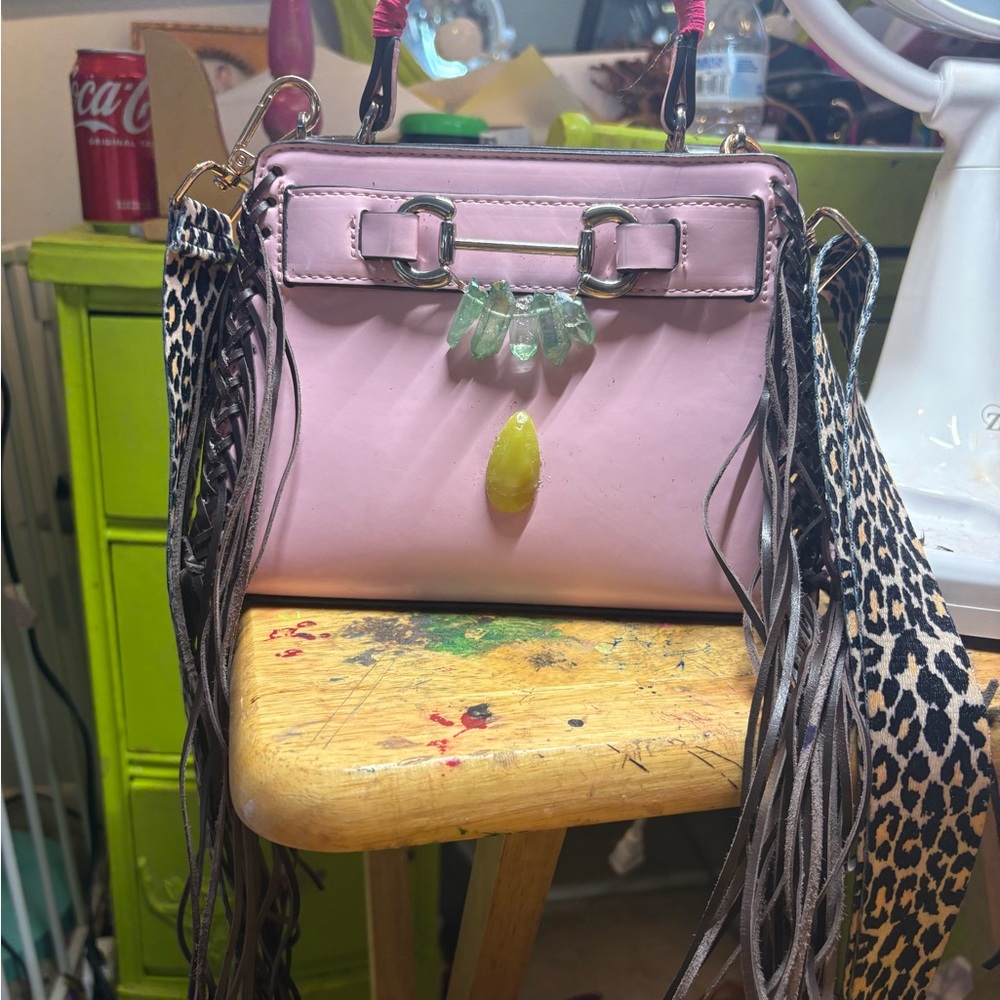 Steve Madden Pink Mini Bag with Fringe and Leopard Strap